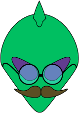 Alien face with glasses, mustache, and purple eyes