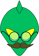 Alien face with glasses, mustache, and yellow eyes